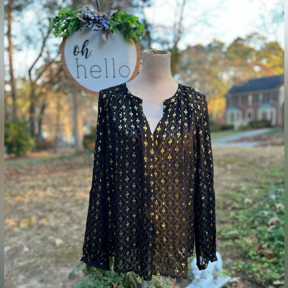 DIANE von FURSTENBERG Black Sheer Blouse, Gold Metallic Detail, 12, EUC